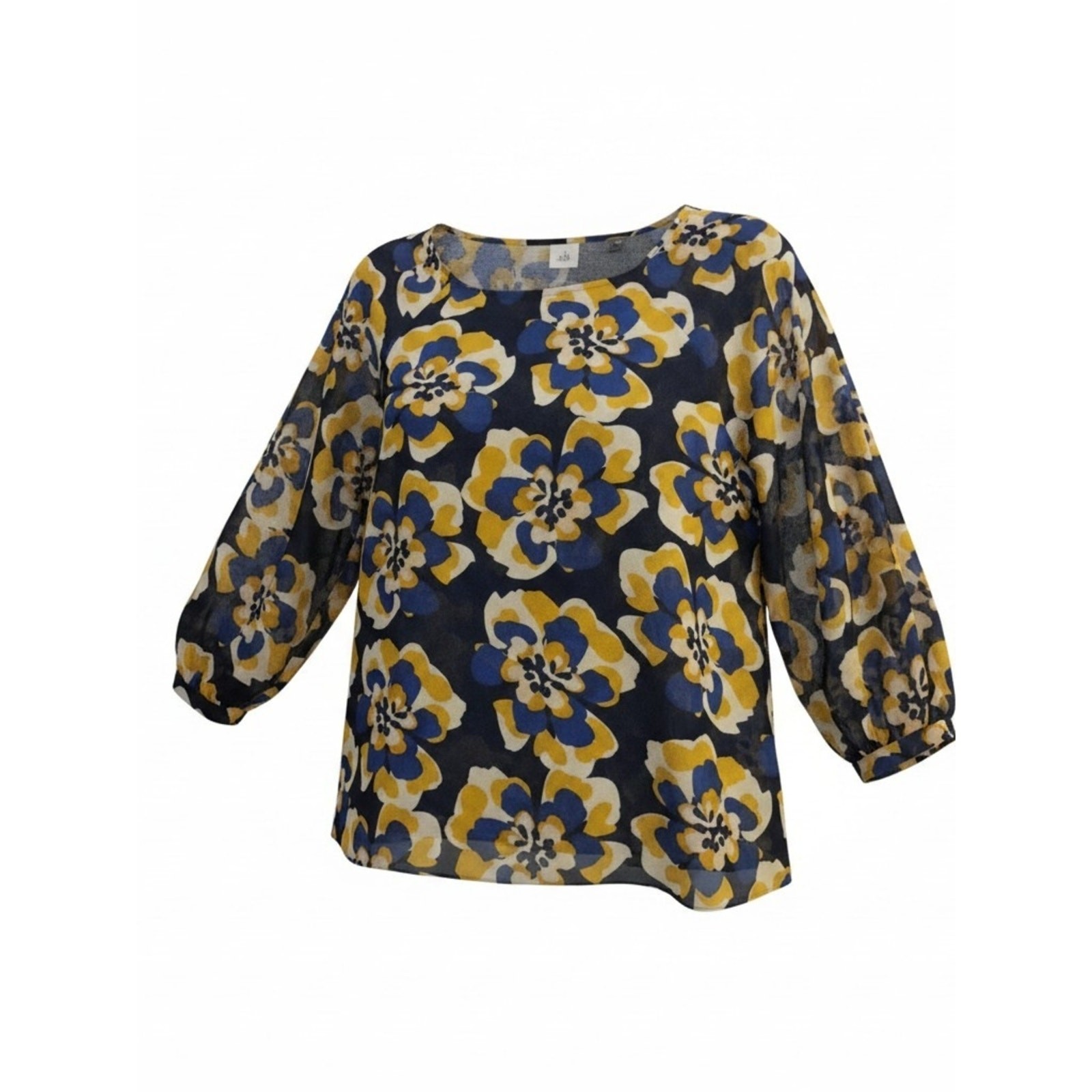 CAbi Large Navy Floral Scoop-Neck Blouse Mustard Blue Motif Boho Flowy Lined
