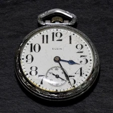 Elgin Pocket Watch Defiance Silver Tone Retro Case White Open Face Runs Antique