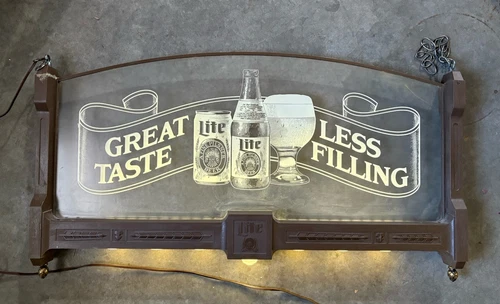 Vintage Miller Lite Beer Hanging Glass Panel Lighted Pool Table Bar Sign 36”x22"