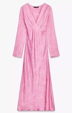 ZARA WOMAN PLEATED V-NECK JACQUARD MIDI MAXI DRESS PINK 2463/533 NEW SIZE S