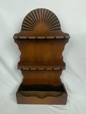 Vtg Sunburst Wood Wall Hanging Collecter's Spoon Rack 12 Spoons w/Storage Tray