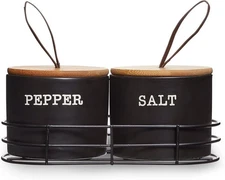 Heartland Home Belle Maison Ceramic Salt and Pepper Cellar Set with Metal Caddy
