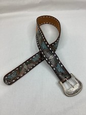 Western Tooled Leather Women s Belt Eagle Floral Studded Silver Buckle Size 30