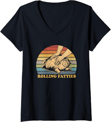 Cat Rolling Fatties Funny Cartoon Animal Design Ladies' V-Neck Tshirt