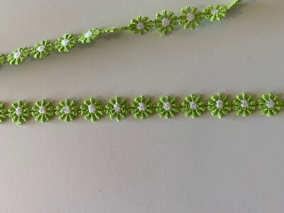 Vintage Green/White Embroidered Flower Trim Sewing Embellishment AS IS