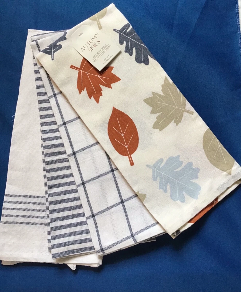 AUTUMN SKIES KITCHEN TOWELS (4) WHITE RUST BLUE KHAKI LEAVES 100% COTTON NWT