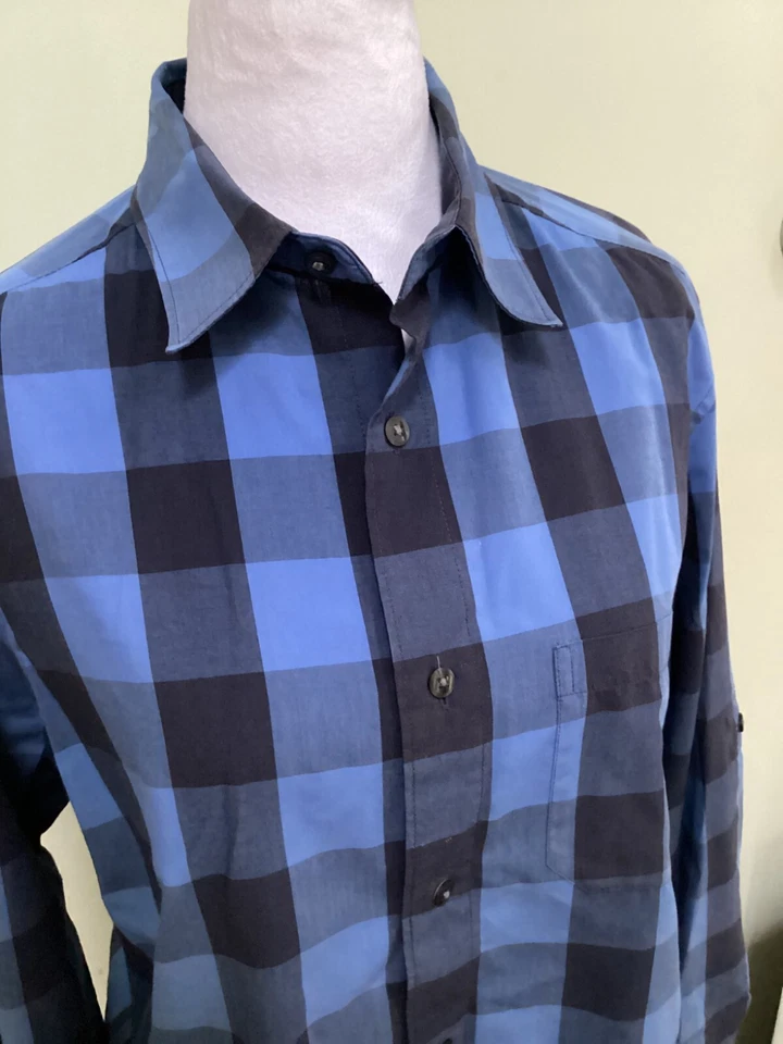 Spring + Mercer Men's Blue & Black Plaid Roll Tab Long Sleeve Casual Shirt Small - Image 3 of 4