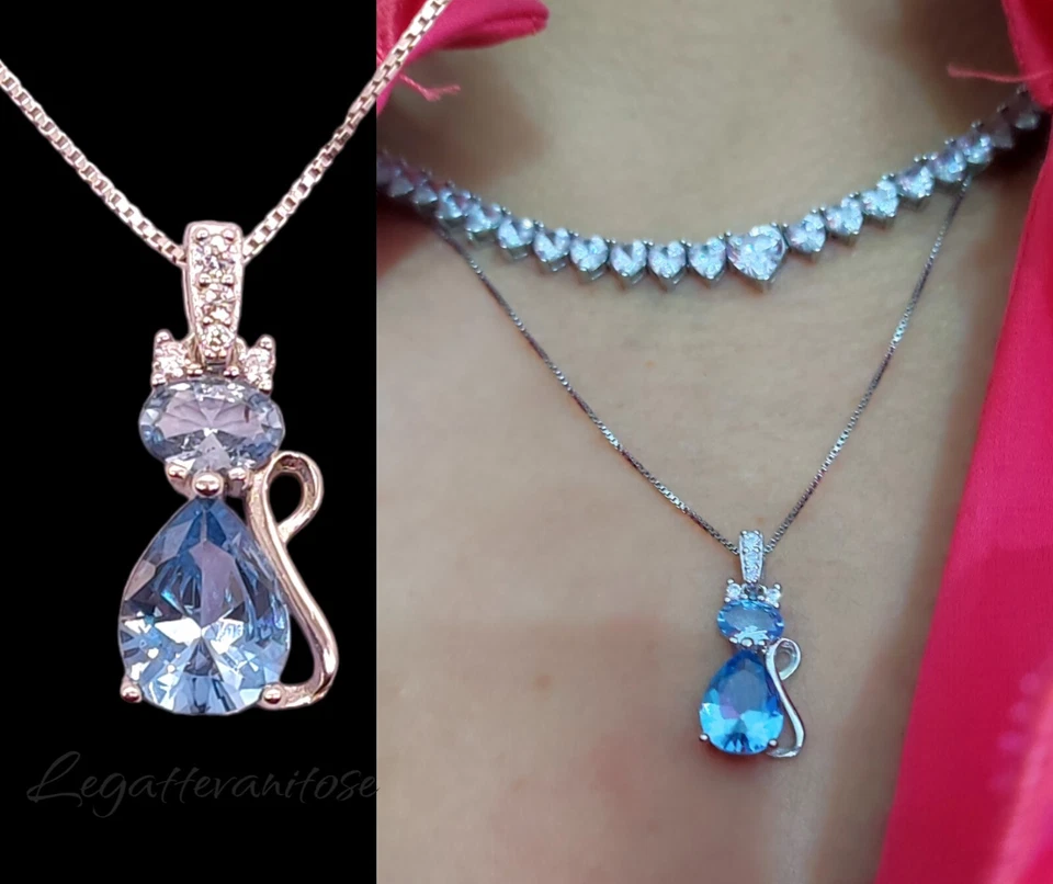 Collana donna Argento 925. Pendente acquamarina Gattino goccia azzurro. Pendente - Immagine 3 di 4