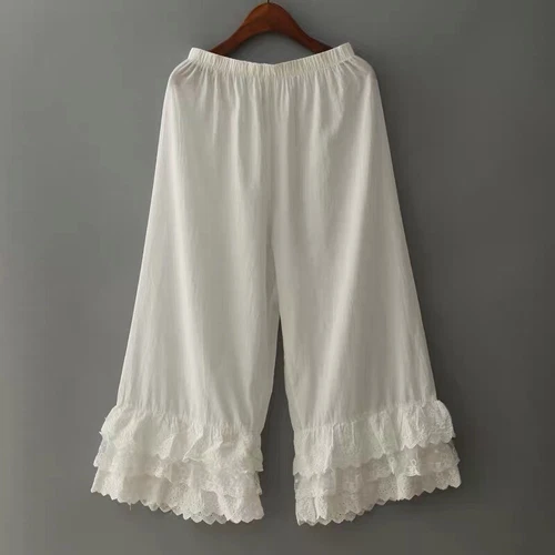 Pantalones para mujer de algodón de pierna ancha recta pantalones de encaje en capas informales japoneses - Imagen 15 de 25