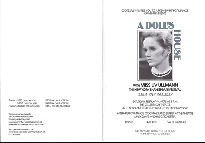 A Doll's House Benefit Preview Performance & Dinner Invitation, Liv Ullmann 1975