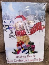 NWT “Merry Christmas” Golden Retriever Dog Tin Sign Retro Vertical Sign 12” X 8”