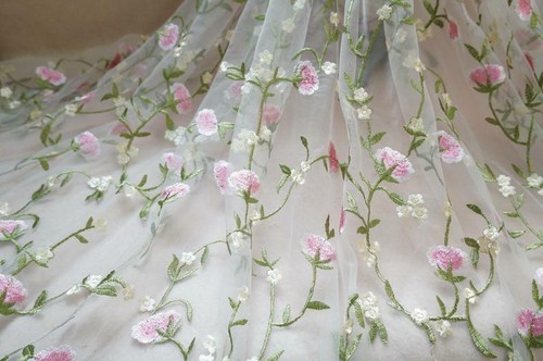 Green Pink Embroidery Floral Tulle Lace Fabric DIY Girl Dress Cloth By the Yard - Picture 6 of 8