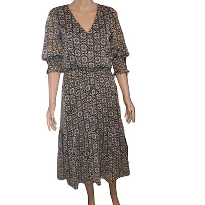 1State Paisley Printed V Neck Ruched Metallic Thread Boho Midi Dress Modest Sz S