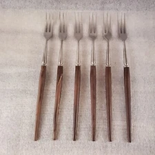 Set of 6 MCM Long Stainless Forks Teak Handles FONDUE Japan ~ No Box