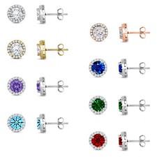 925 Sterling Silver Round Halo Set CZ Stud Earrings Every Color Stone Available