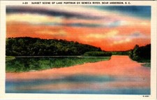 Postal de lino Sunset Lake Portan Seneca River Anderson South Carolina SC UNP