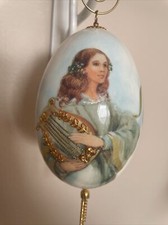 Hand Made Glazed Duck Egg Christmas Ornament W/Angel & Harp Gorgeous
