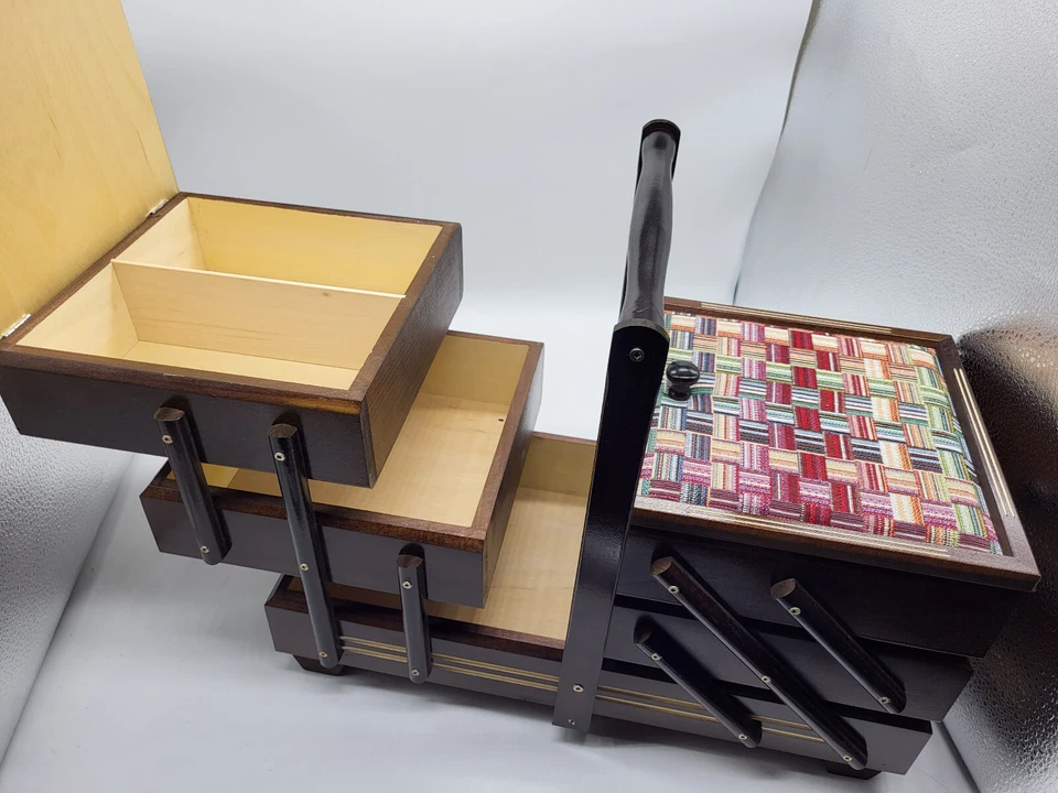 XXL Nähkästchen Nähkasten Handarbeitskorb Landhausstil Eiche  44cm groß Holz - Bild 2 von 2