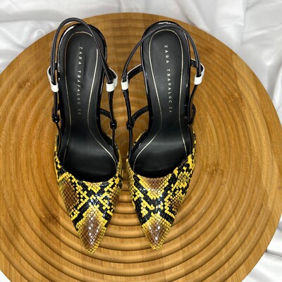 Zara Women’s Snake Print heeled sandals Pointed Toe Black/ Yellow Size 36  - Main Image
