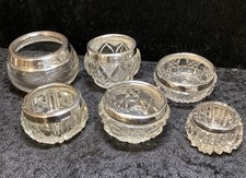 Antique Hallmarked Silver Rimmed Glass Salt / Condiment Pots / Bowls x 6.