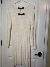 SHEIN IVORY KNIT SIZE 2XL WOMEN'S LONG SLEEVE SWEATER DRESS BLACK BOW'S KEYHOLE