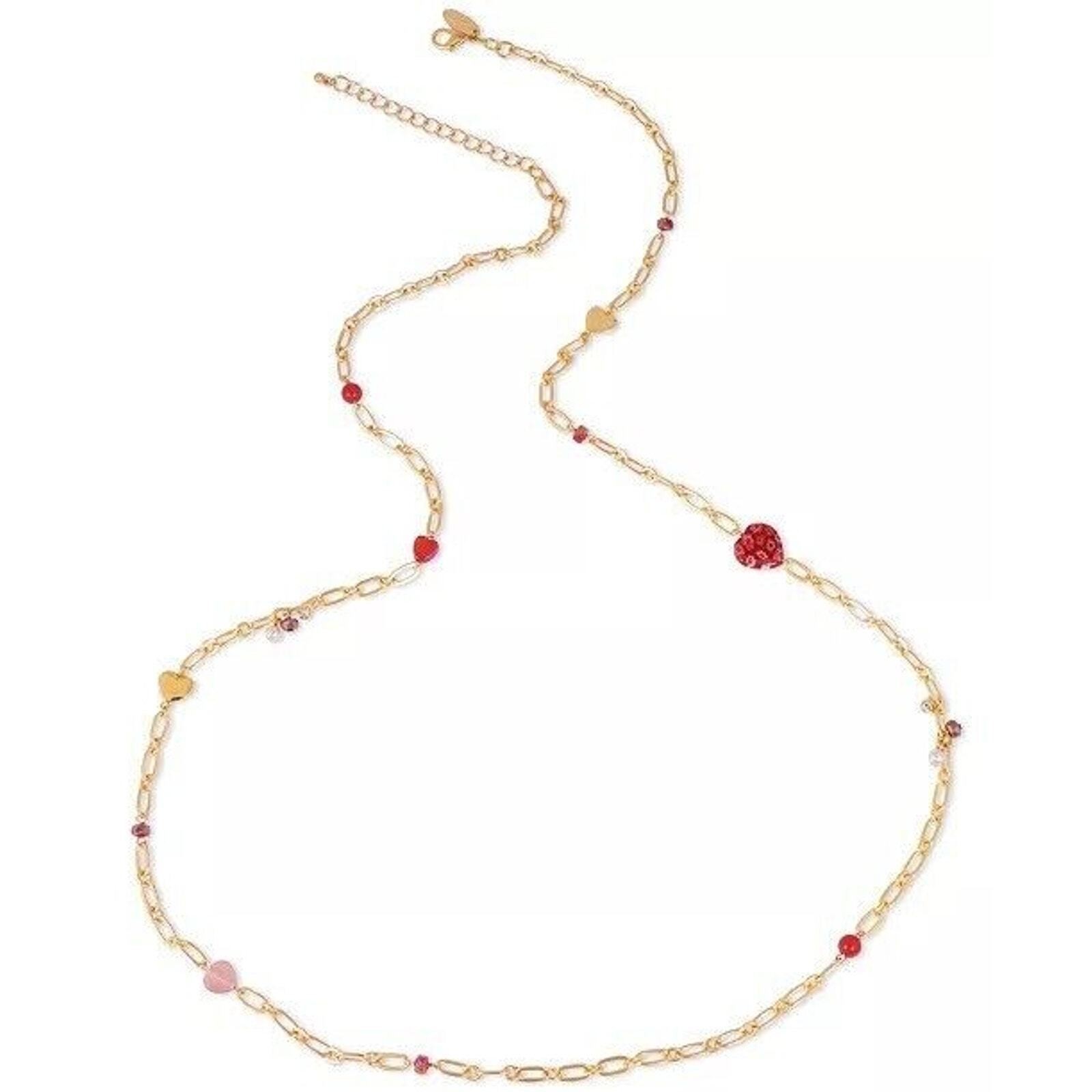 "Gold Tone Bead Heart Chain Necklace 42\" Style Fashion Chic Trendy Statement Vday"
