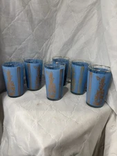 Culver Thai Goddess Blue Gold Highball Glasses Set of 6 Vintage MCM 5"