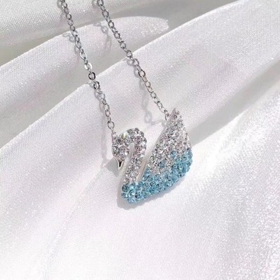 Swarovsk Crystal Swan Necklace Blue Gradient Pave Pendant Animal for Women