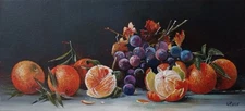Still Life with Tangerines and Grapes – Original Oil Painting on Canvas 16x35 cm