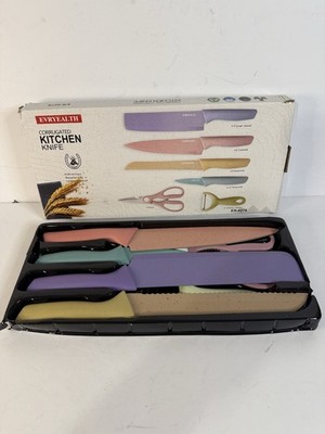 6 Piece Pastel Colored Corrugated Stainless Steel Kitchen Knife Set New Open Box