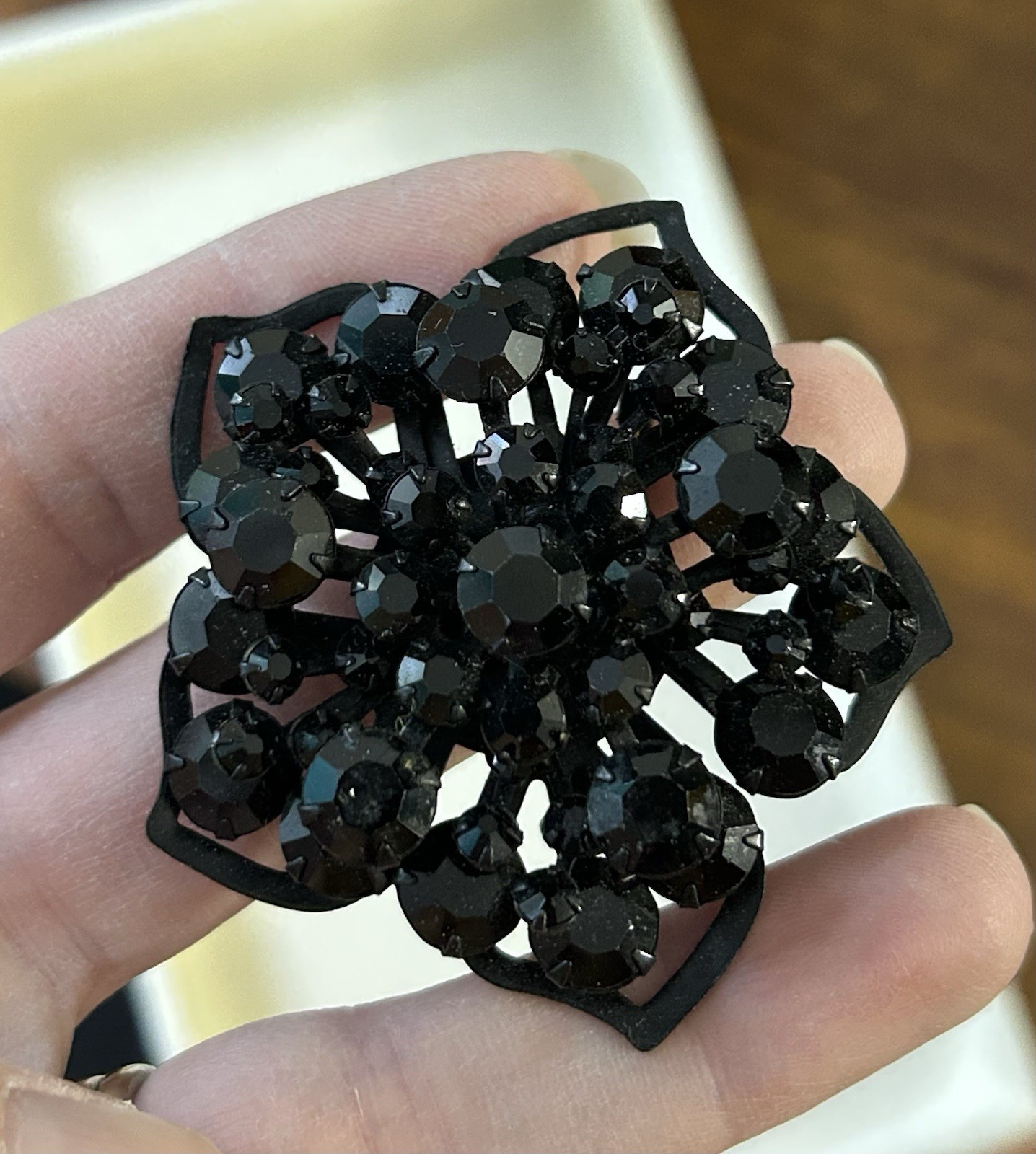Large Black Unsigned Pentagonal Rhinestone Brooch… - image 1
