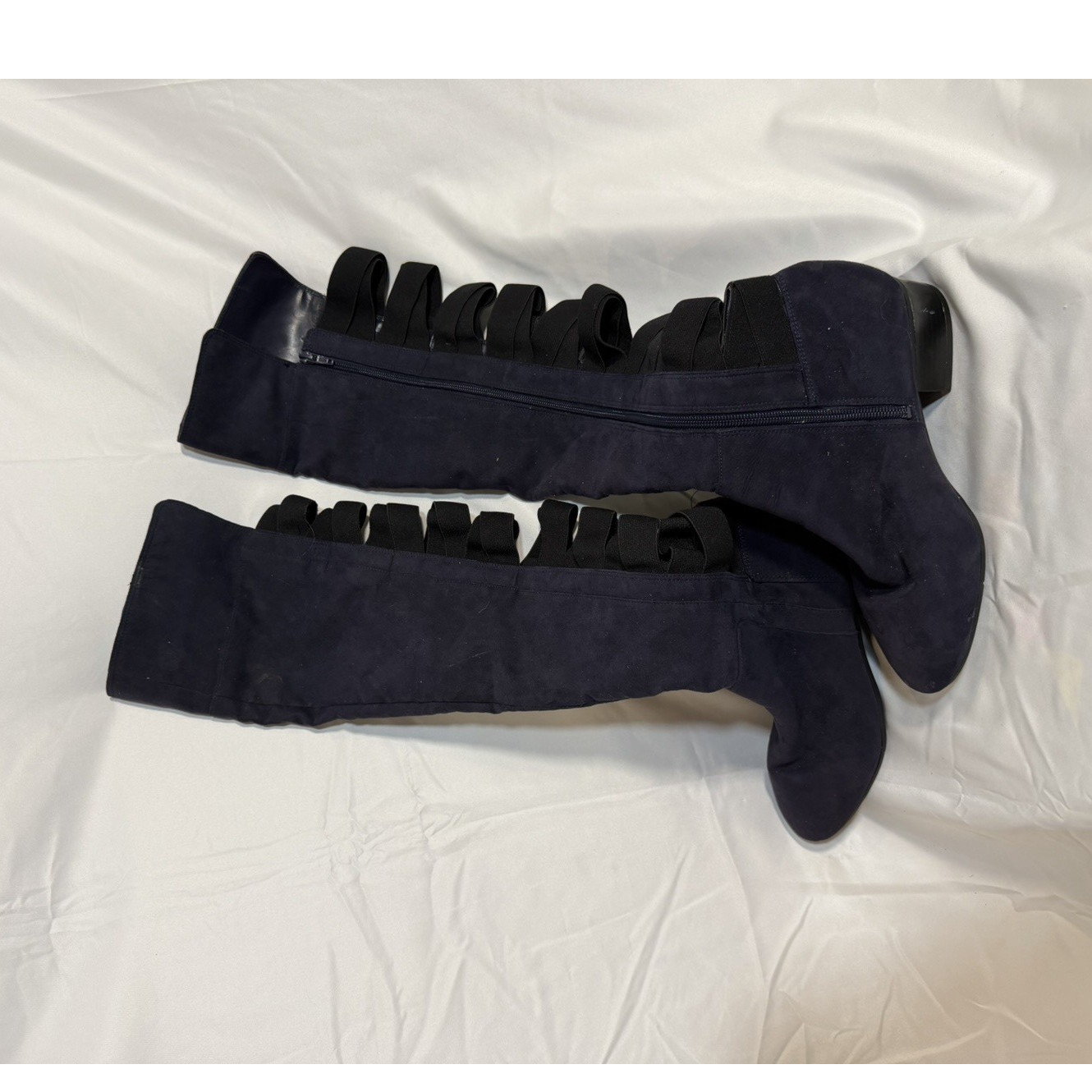 Nine West Navy Suede Knee High Ribbon Zip Lined Block Boots AU 8.5 Women