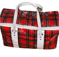 Vintage 1970s  Lady’s Pride Red  Tartan Plaid Vinyl Insulated Picnic Bag Soft