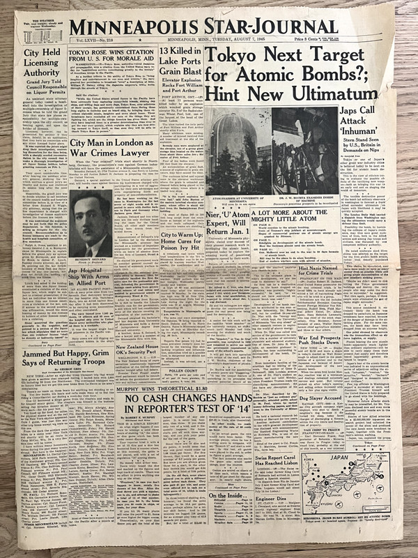 WW2 ATOMIC BOMB Newspaper August 7 1945 Atomic Bomb Inhuman Tokyo Next?