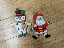 Vintage 60's Double Sided Moveable Joint Santa Claus Snowman Christmas Ornaments