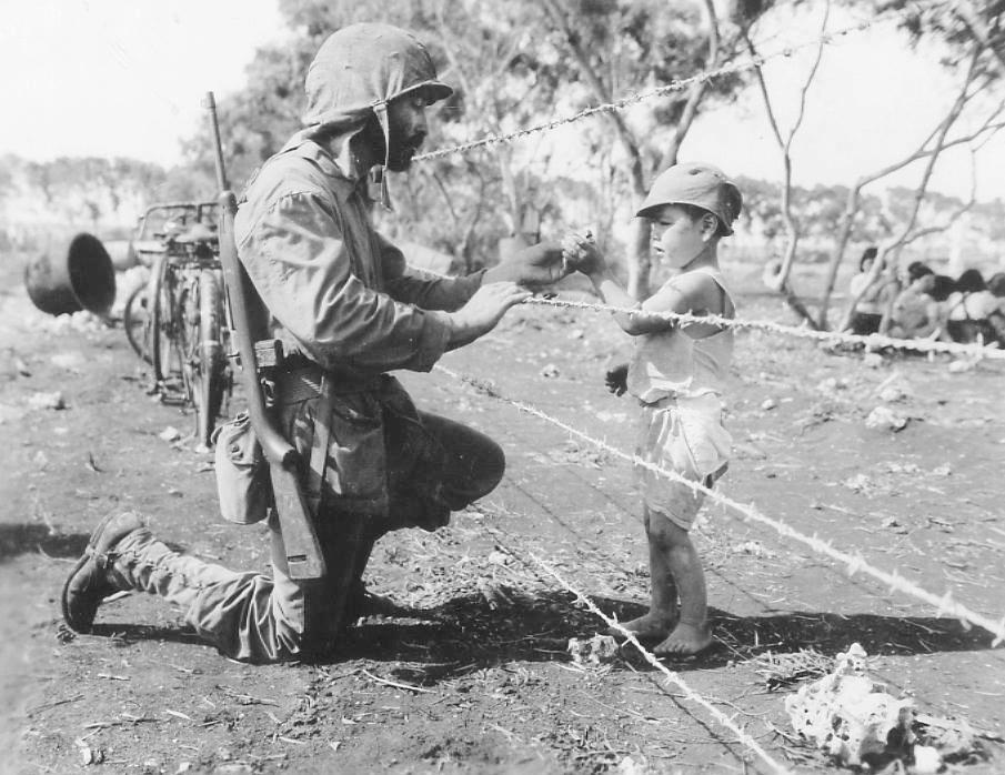 WWII B&W Photo US Soldier with Japanese Child Saipan 1944 WW2