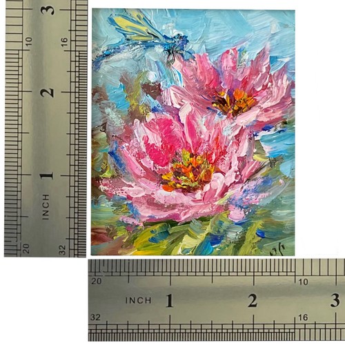 Water lilies Pink Lotus Original oil painting mini art framed  3x2.7inch - Picture 4 of 4