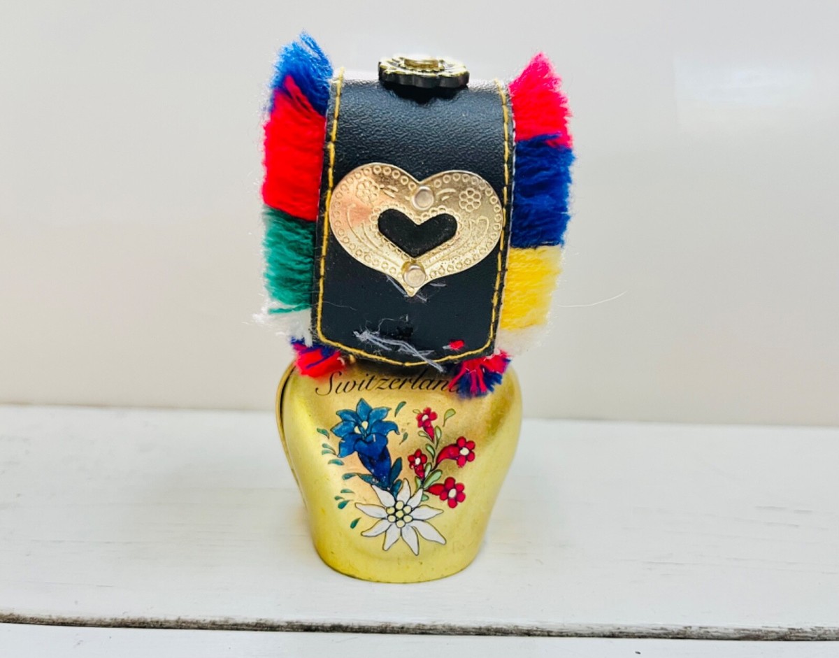 工芸品 Bell Vintage Swiss Cow Bell Switzerland Brass Leather Strap Fringe