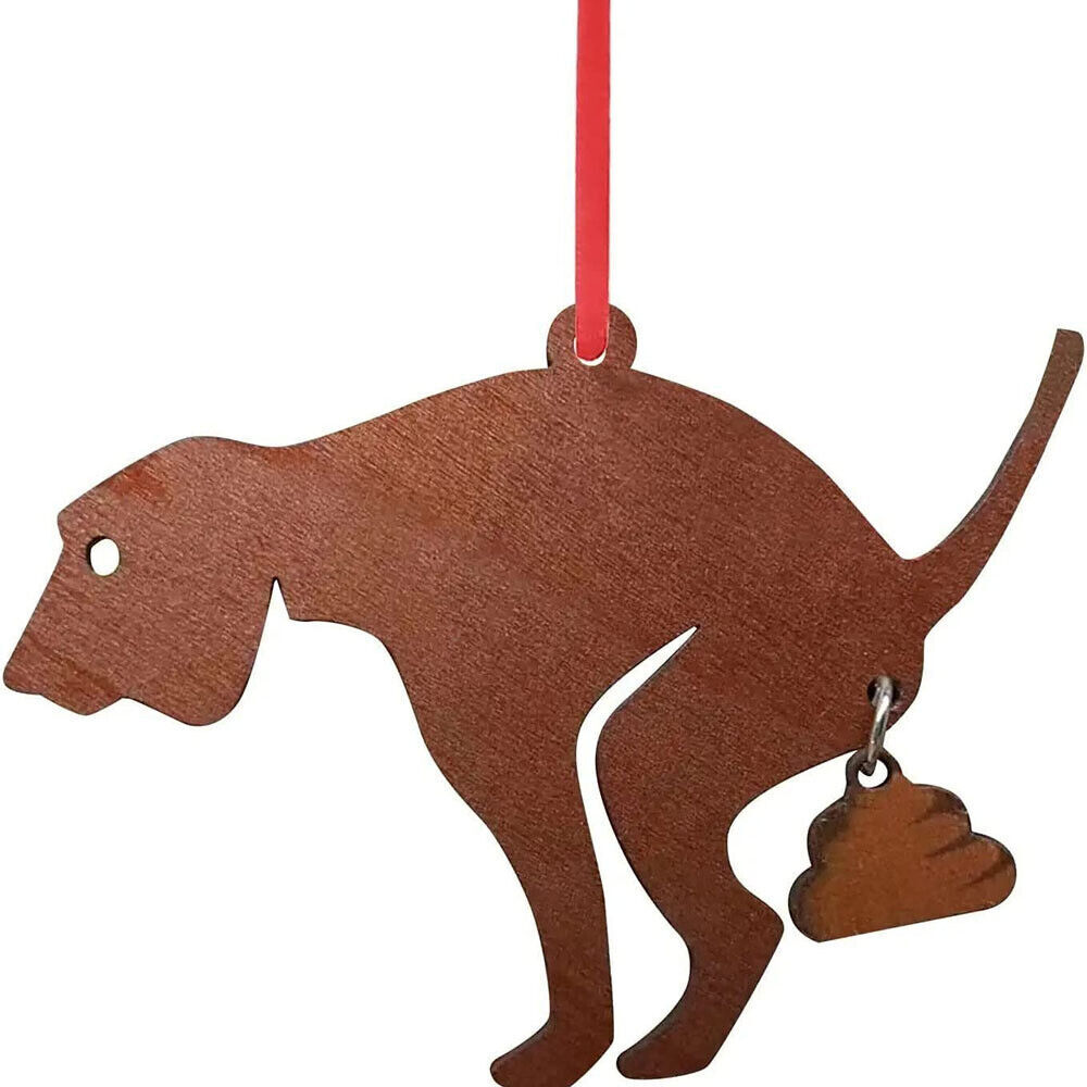 Christmas Xmas Tree Wooden Hanging Decors Poo Poo Dog Ornaments Funny