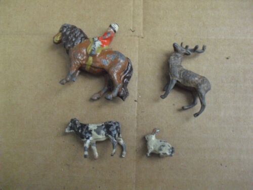 Lot of 4 Vintage 1930s Small Metal Animal Rabbit Cow Lion Figurines up t 2