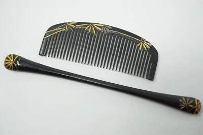 Ensemble épingle à cheveux et peigne japonais en bois avec peinture fine du J... - Photo 1/4
