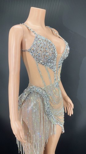Vestido Corto de Malla con Flecos Brillantes Mujeres Noche de Cumpleaños Sexy Escenario Ropa - Imagen 5 de 13