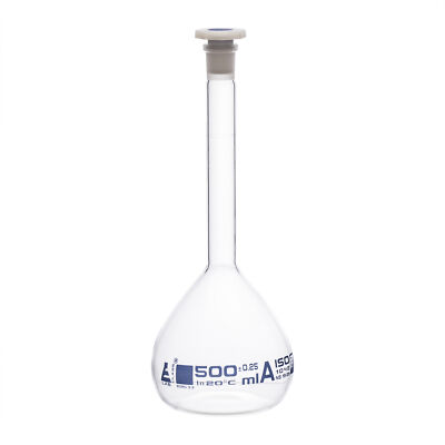 Eisco Labs 500ml Volumetric Flask with 19/26 Stopper, Class A Borosilicate Glass
