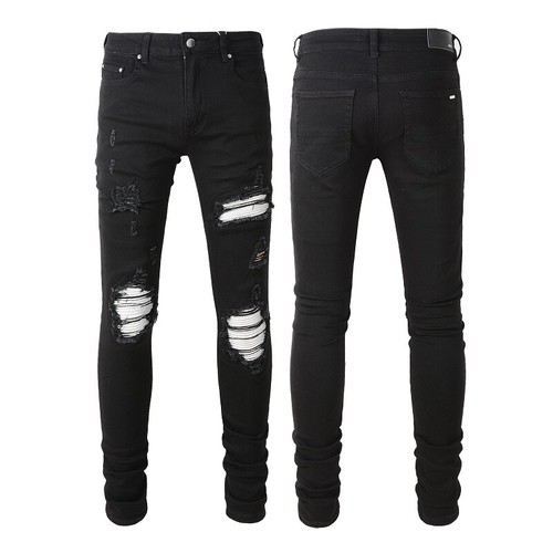 Men’s Knee Hole Ripped Silvery Patchwork Patch Skinny Black Stretch Denim Jeans