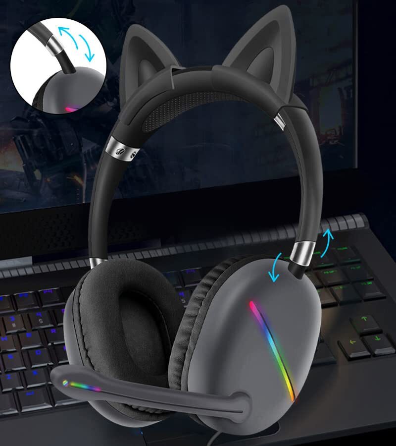 Adult Detachable Cat Ear Gaming Headset Wired 3.5mm LED RGB for PC PS5