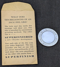 1940 Chrysler Superfinish Medal Showing New Ground Surface Original Envelope Vtg 1940 Chrysler Superfinish Medal Showing New Ground Surface Original Envelope Vtg