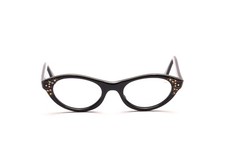 Vintage 50er Jahre Cat Eye Brille Damen Acetat Schwarz mit Strass 46-20 mm  E3