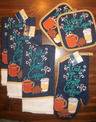 6pc Set 3 Kitchen Towels, 2 Potholders, 1 Mitt ''Wake Up & Smell the Coffee'' BLUE