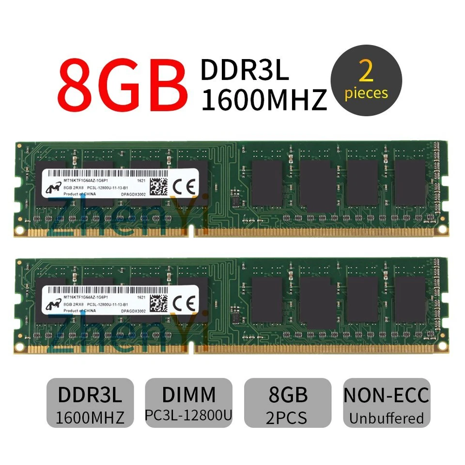 32GB 16GB 8GB DDR3L 1600MHz PC3L-12800U 1.35V DIMM Desktop Memory For Micron LOT - Image 3 of 4