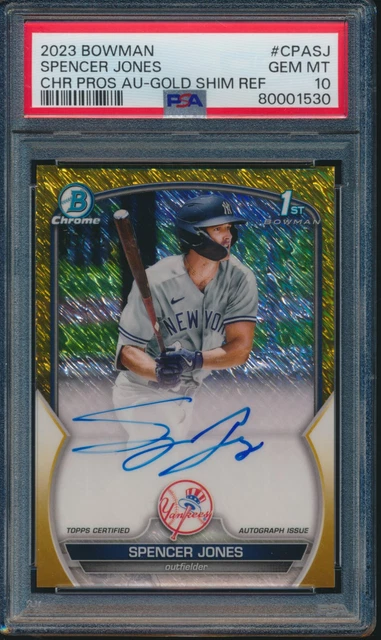 PSA 10 SPENCER JONES AUTO 2023 Bowman Chrome GOLD SHIM REFRACTOR /50 RC GEM MINT